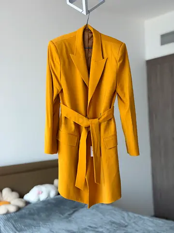 Wool Mustard yellow women's belted long blazer coat - M, NEW, &other stories