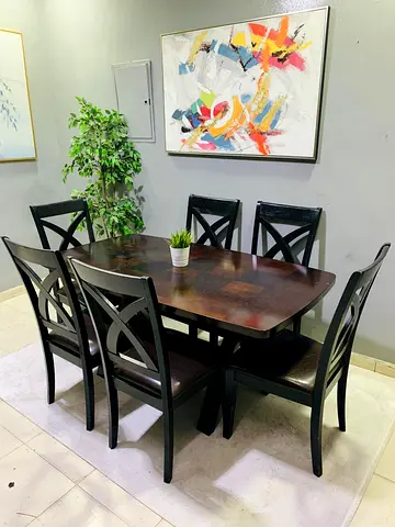 Dark Wood 6-Seater Dining Table with Cross-Back Chairs
