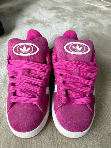 pink adidas-style suede sneakers, gently used