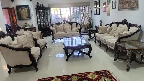Classic carved wooden 7-piece living room sofa set with cushions