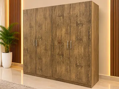 Sturdy 4-Door Wooden Wardrobe - Rustic Finish