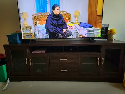 Dark Wood Entertainment TV Cabinet with Glass Doors and Drawers