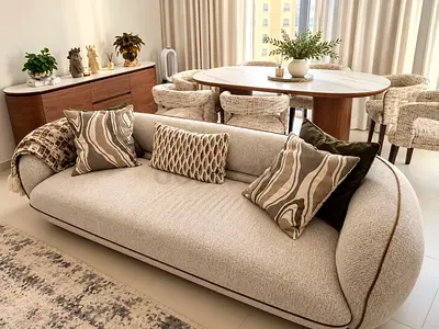 Curved Modern 3-Seater Sofa in Cream Bouclé — Excellent Condition