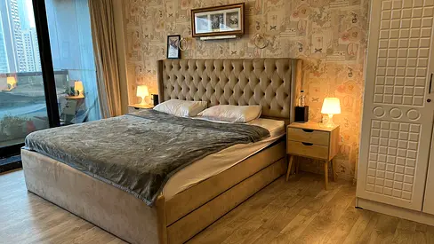 King-size upholstered bed with storage - beige, good condition
