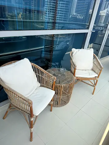 Available NOW: Set of 2 Rattan Armchairs with Cushions and Matching Side Table