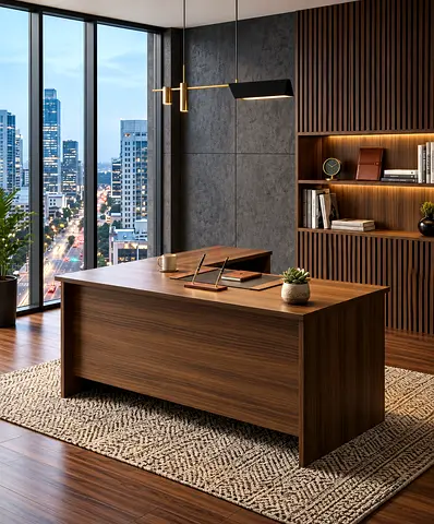 Walnut Grey Office Table – L Shape Manager Desk with Pedestal Drawer