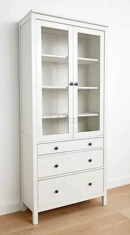 White Tall Glass-Front Cabinet with 3 Drawers
