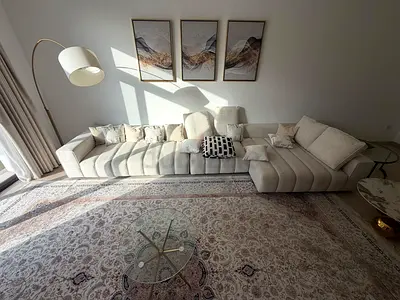 Large Beige Fabric Modular Sofa with Chaise - Comfortable Family Size