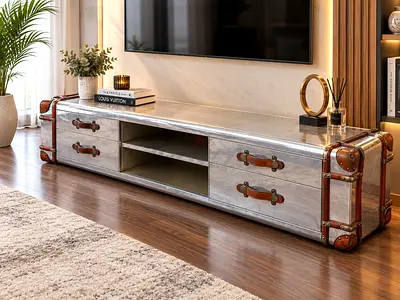 Marina Home Timothy Oulton Vintage Aviator Metal Aluminum TV Cabinet