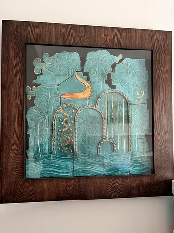 Framed Carved Metal Relief Panel with Turquoise Patina