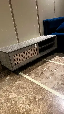 Wooden TV Console Unit with Rattan Sliding Door - Grey Finish