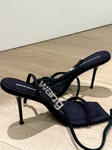 Alexander $%&! Black strappy high-heel sandals with rhinestone '$%&!' detail, size 39