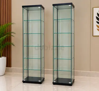 Pair of Tall Glass Display Cabinets with Black Base and Top
