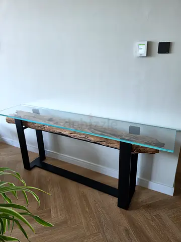 Statement Console Table: Reclaimed Railway Wood Under Glass, Black Base