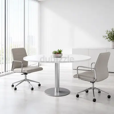 Modern White Round Meeting Table – Stylish Office Discussion Table with Chrome Metal Base