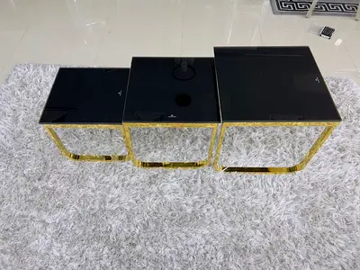 Set of 3 Nesting Coffee Side Tables with Black Glass Tops and Gold Frames