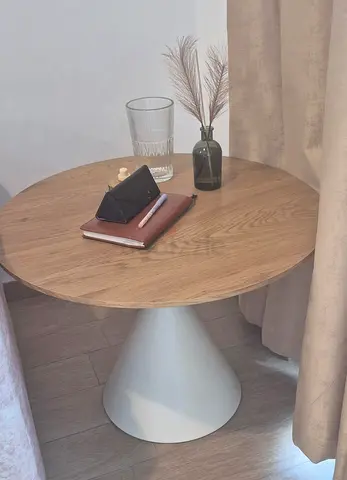 Round Wooden Side Table with White Cone Base
