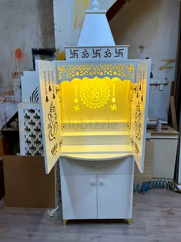 White Wooden Pooja Mandir Cabinet with LED Backlight