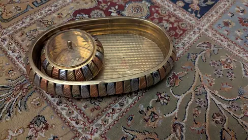 Vintage brass serving tray with lidded bowl — good condition