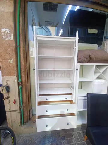 White Tall Storage Cabinet with Shelves and Drawers