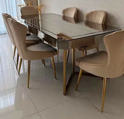 Mirrored Glass Top Dining Table with 6 Beige Velvet Chairs