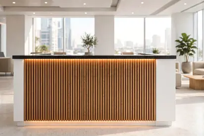 Zyvra White Oak Slat Reception Counter, Reception Desk – Enclave
