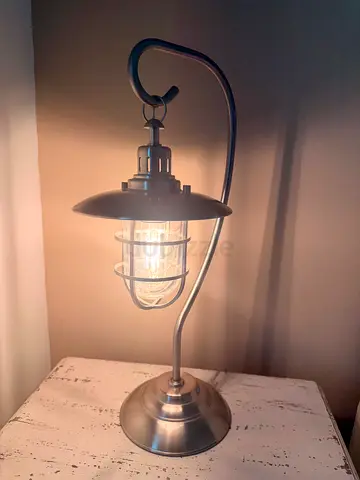 Two table lamps with caged bulb — brushed metal finish