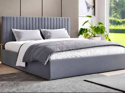 New Grey Upholstered King Bed with Padded Headboard and Mattress