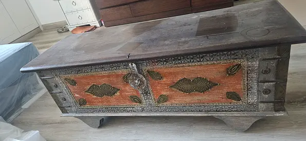 Antique Wooden Storage Trunk / Coffee Table with Carved Metal Inlay