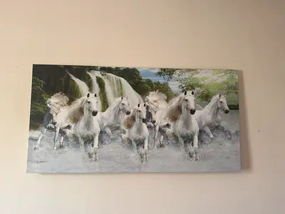 Large Canvas Wall Art - Galloping White Horses (Waterfall Scene)