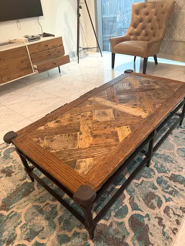 Solid Wood and Metal Industrial Coffee Table - Rustic Parquet Top