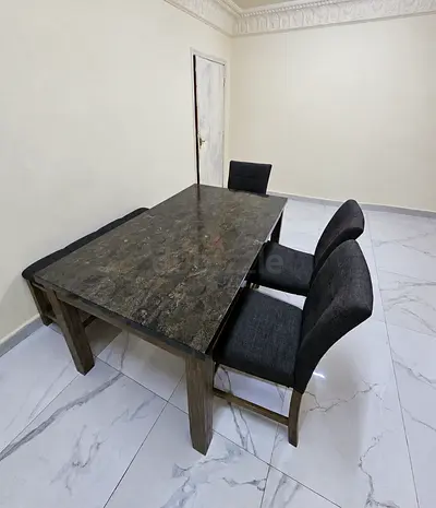 Solid Wood Dining Table with 4 Upholstered Chairs - Dark Marble Top
