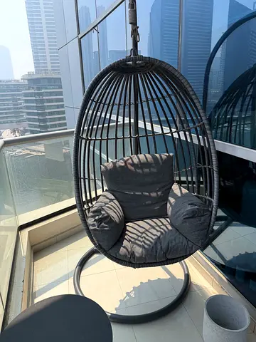 Available NOW: Dark Gray Rattan Egg Swing Chair with Stand and Cushions + Side Table for Free