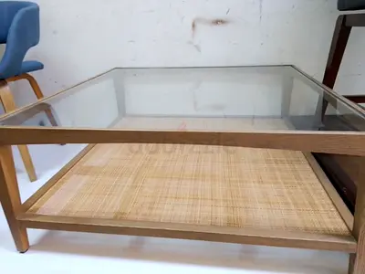 Glass Top Wooden Coffee Table with Woven Shelf — Good Condition