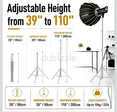 Adjustable Studio Light Stand 39"–110" (99cm–280cm) — Up to 10kg