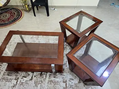 Wooden Glass-Top Coffee Table with one Matching Side Tables