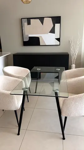 Glass Top Dining Table with Black Metal Legs - Modern Compact Design