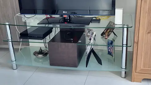 Glass TV Stand with 3 Shelves — Modern Transparent Entertainment Unit