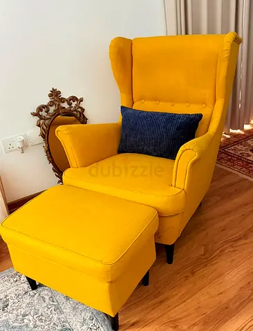 Mustard Yellow Wingback Armchair with Ottoman - Good Condition