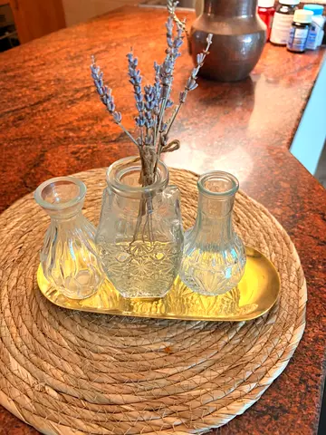 Set of 3 Decorative Glass Vases on Brass Tray
