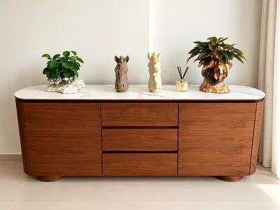 Walnut Wood Sideboard/Console with Marble Top