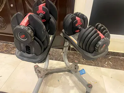 Adjustable Bowflex-style Dumbbell Set with Stand - Good Condition