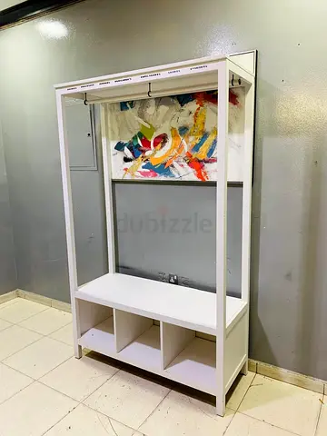 White Open Wardrobe/Entryway Storage Unit with Hooks and Shelves