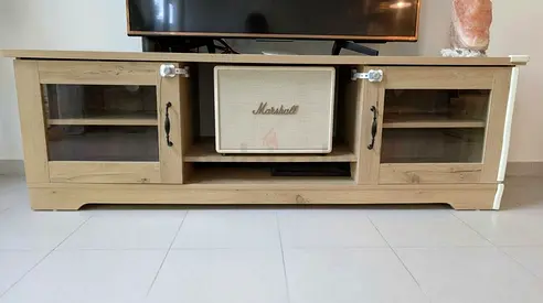 TV Stand / Entertainment Unit with Glass Doors — Light Oak, Good Condition