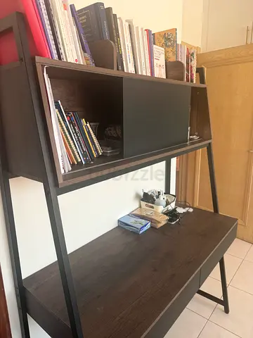 Wooden Study Desk with Overhead Shelf and Metal Frame