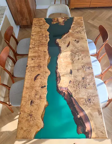 Custom Mapa Burl & Emerald Resin River Dining Table (8-Seater) + Matching Coffee Table