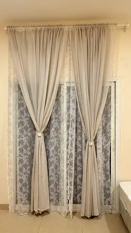Pair of light grey curtain panels with lace sheer — good condition