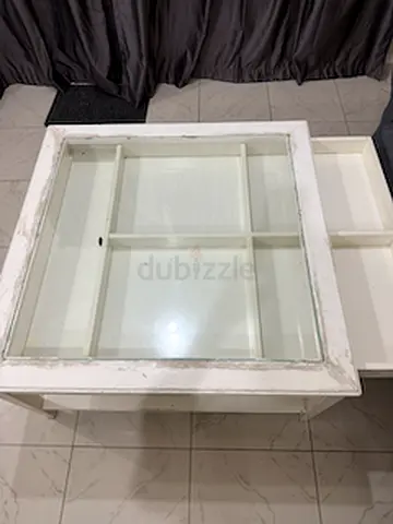 Solid Wood White Glass Top Coffee Table with Storage Drawers - Good Condition