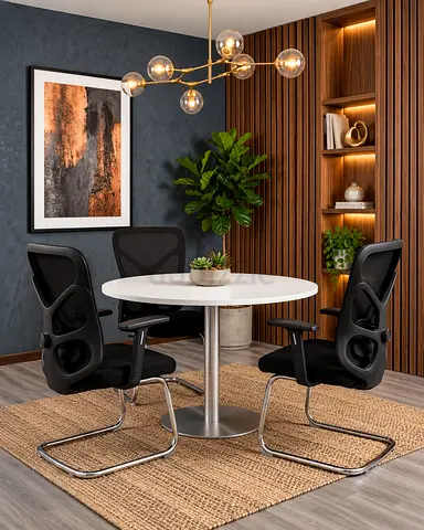 Modern Round Meeting Table – White Office Conference Table with Chrome Base