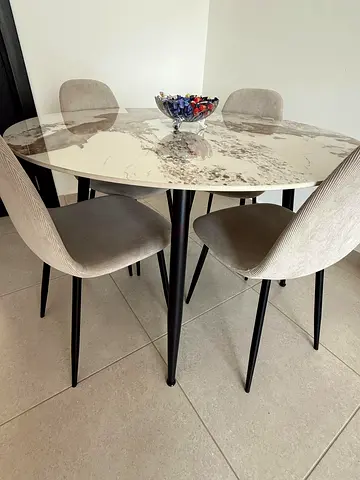 Marble-effect Oval Dining Table with 4 Upholstered Chairs - Good Condition